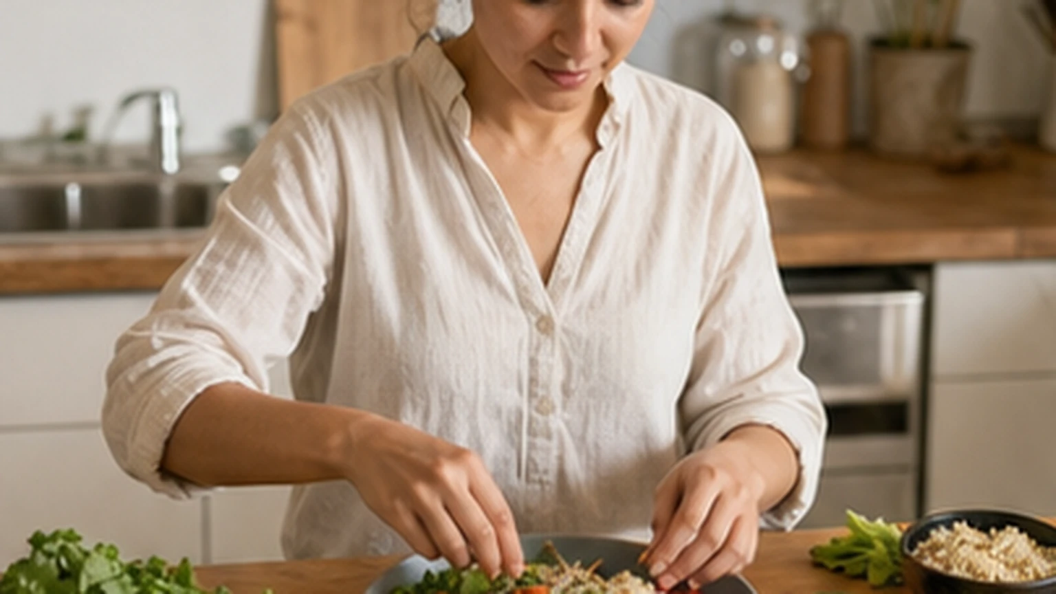Adult preparing a colorful home meal with vegetables and grains