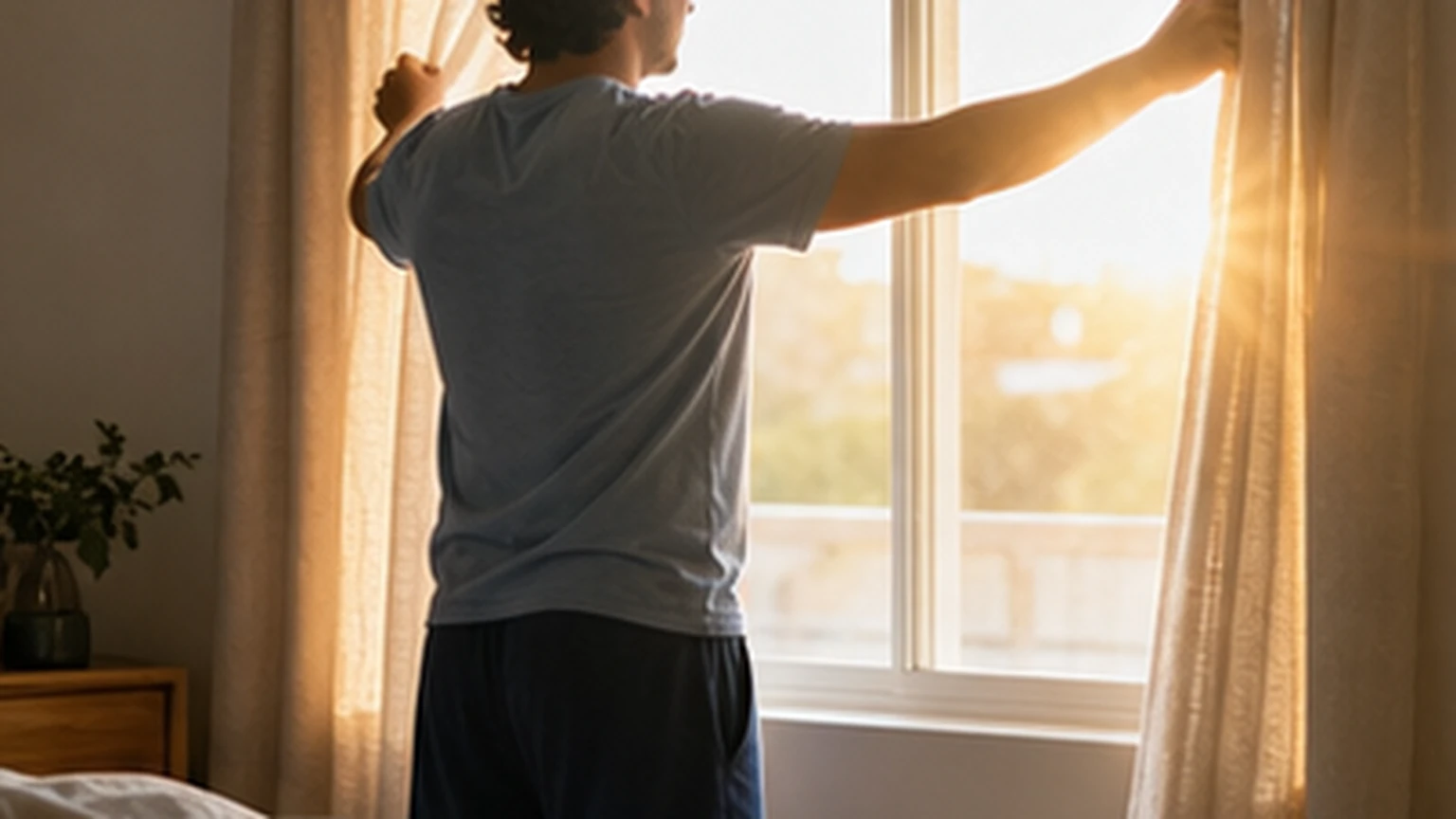 Adult opening bedroom curtains at sunrise in a calm home